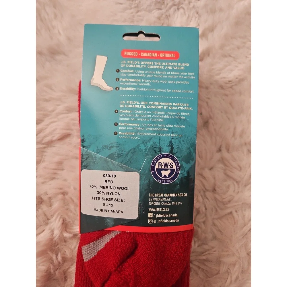 J.B. Field's Icelandic Thermal Socks Red Merino Wool Size L 8-12 NWT